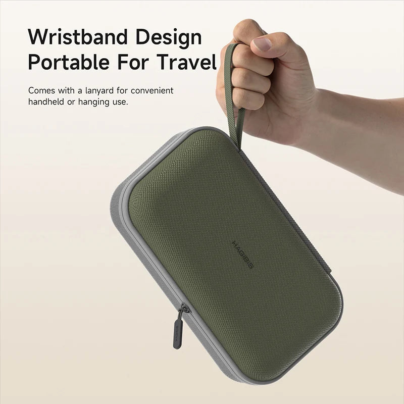 Green travel case with wrist strap held by a hand on a beige background