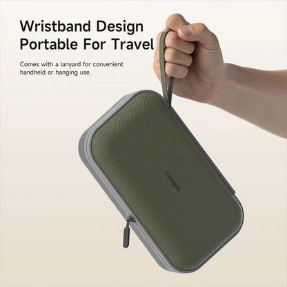 Green travel case with wrist strap held by a hand on a beige background