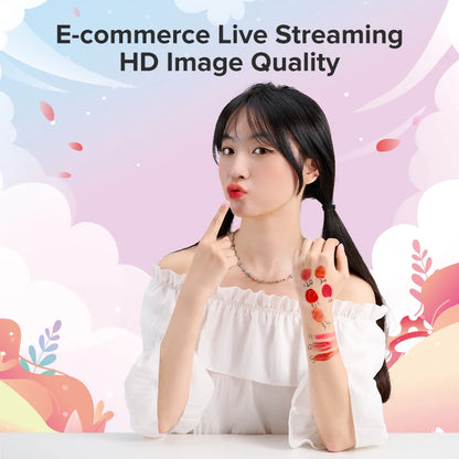 Woman in a white top with colorful jewelry against a pastel background, promoting e-commerce live streaming HD image quality.