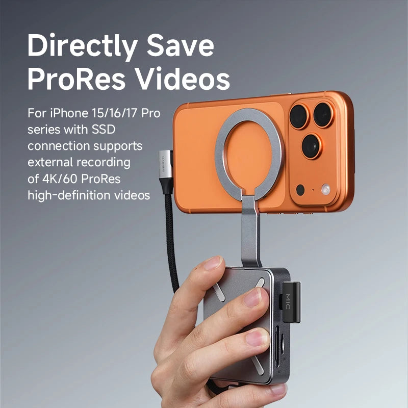Hand holding an orange phone case with a camera attachment, featuring text about ProRes video recording.