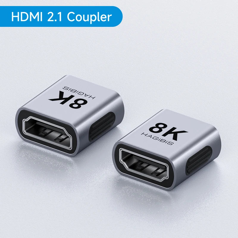 HDMI 2.1 coupler with '8K' and 'HAGIBIS' branding on a light gray background
