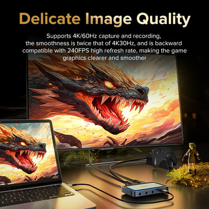 Monitor and laptop displaying a dragon graphic with text about image quality and compatibility.