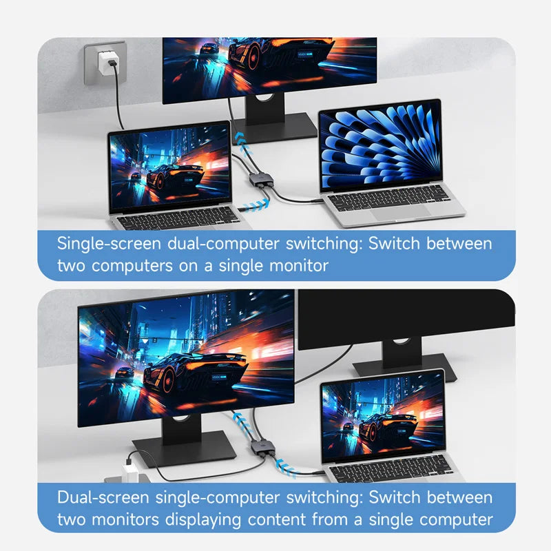 Two laptops and two monitors displaying a car racing game on a white background.