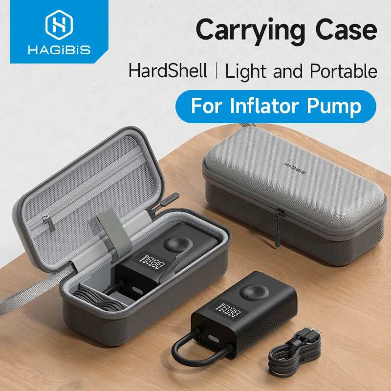Hagibis carrying case for inflator pump on a wooden surface with visible brand logo.