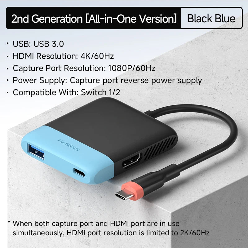 Black and blue USB capture device with HDMI cable on a light gray background