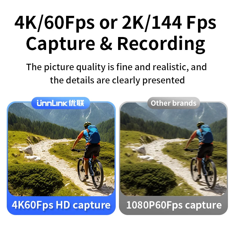 Comparison of 4K/60Fps and 1080P/60Fps video capture quality with 'unilink' branding.