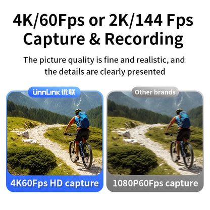 Comparison of 4K/60Fps and 1080P/60Fps video capture quality with 'unilink' branding.