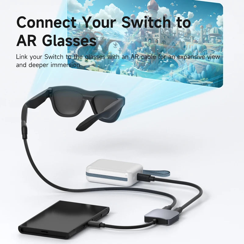 AR glasses with cable and device on a white background, promoting AR connection.