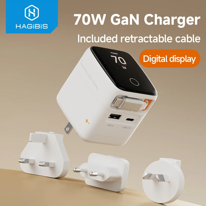 Hagibis 70W GaN Universal Travel Charger with Retractable Cable