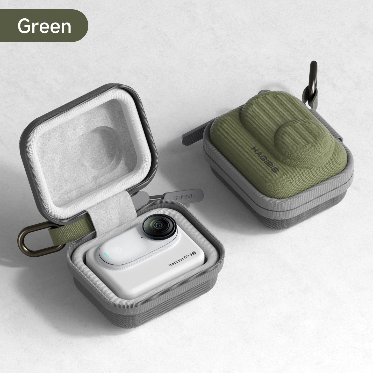 Green and gray electronic case with a device inside on a light gray background