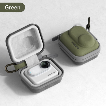 Green and gray electronic case with a device inside on a light gray background