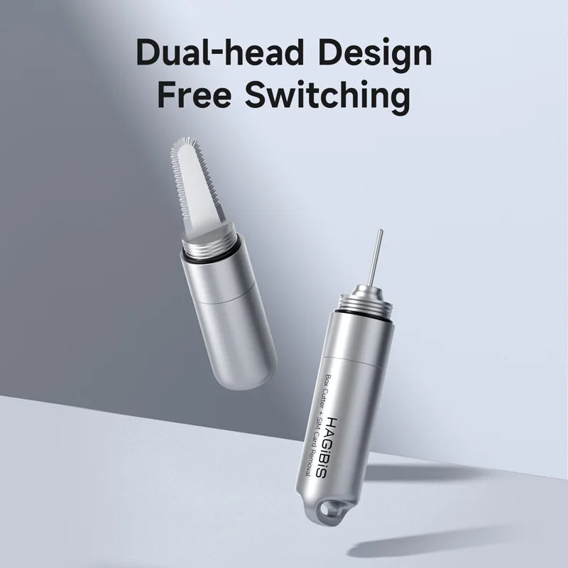 Two silver devices with dual-head design and free switching feature on a gradient background