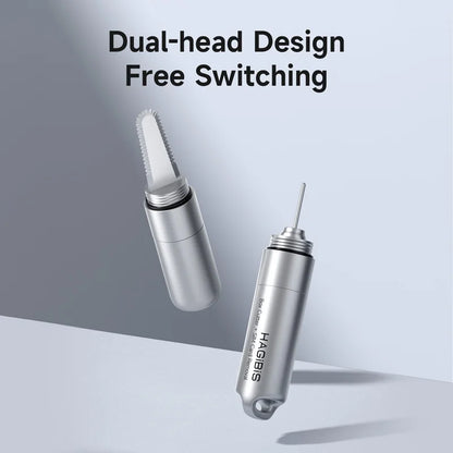 Two silver devices with dual-head design and free switching feature on a gradient background