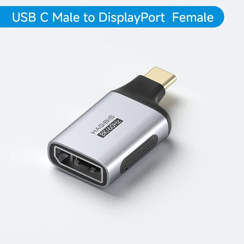 USB C Male to DisplayPort Female adapter on a white background with blue label