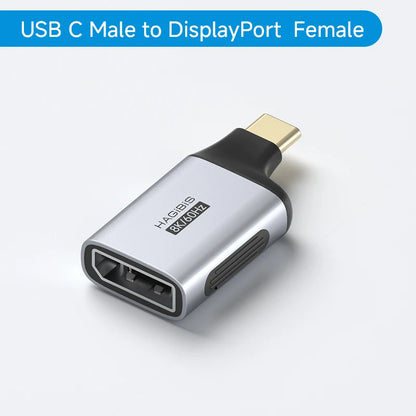 USB C Male to DisplayPort Female adapter on a white background with blue label