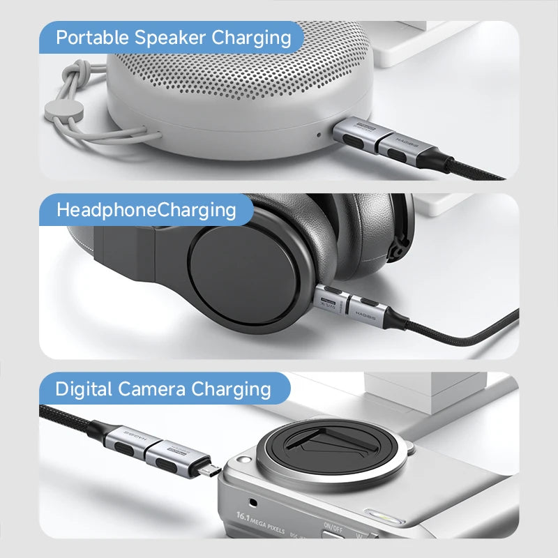 Charging station with ports for portable speaker, headphones, and digital camera on a light gray background.