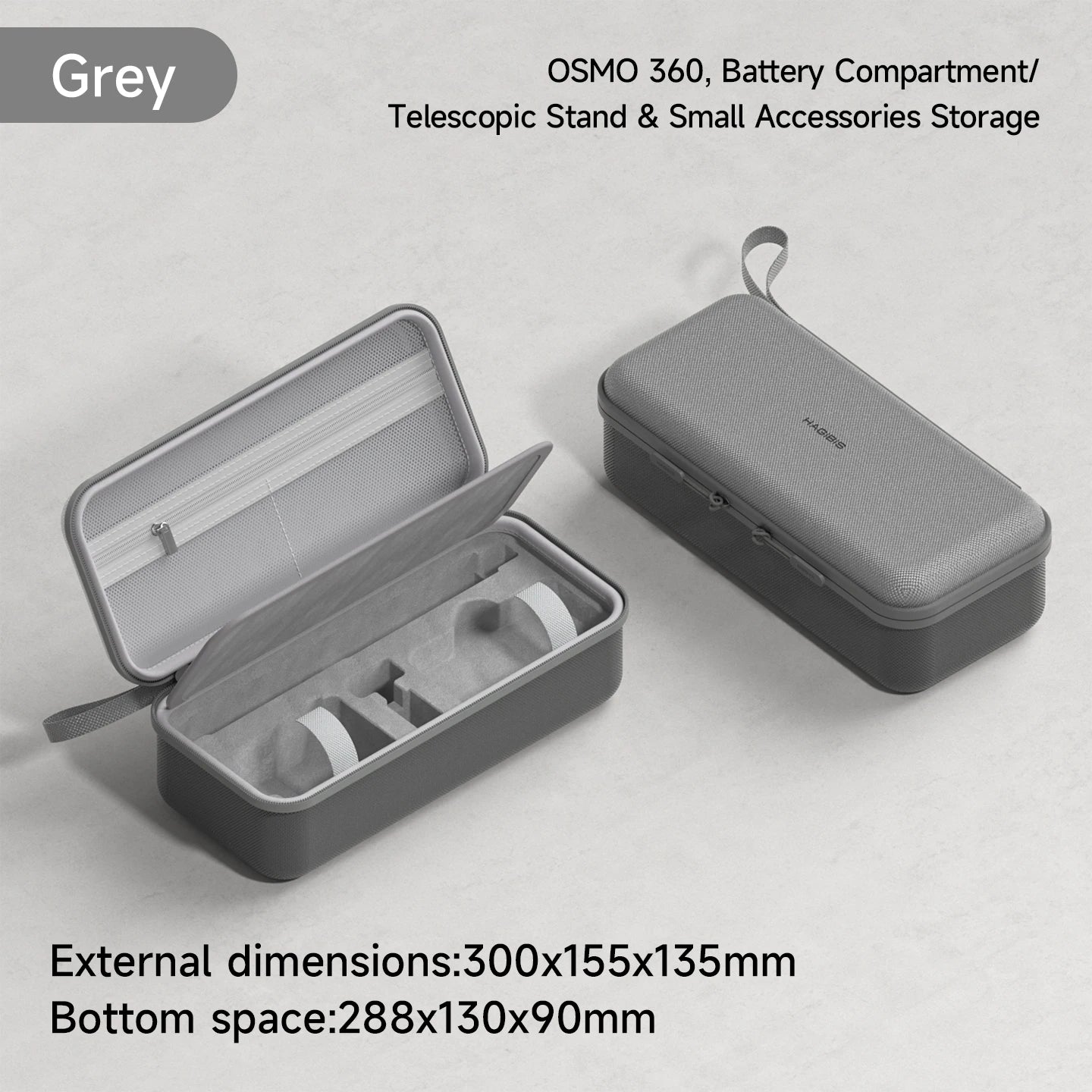 Gray carrying case with Osmo 360, battery compartment, telescopic stand, and small accessories storage on a light gray background.
