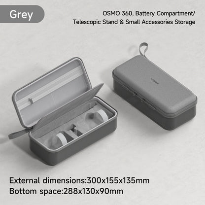Gray carrying case with Osmo 360, battery compartment, telescopic stand, and small accessories storage on a light gray background.
