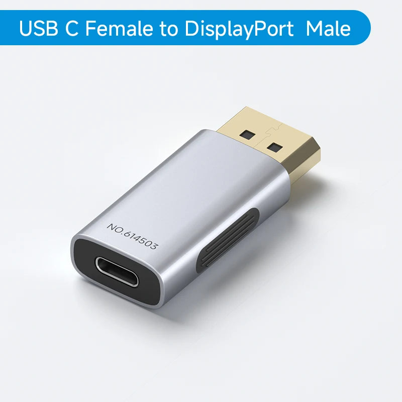 USB C Female to DisplayPort Male adapter on a white background with blue banner at the top.
