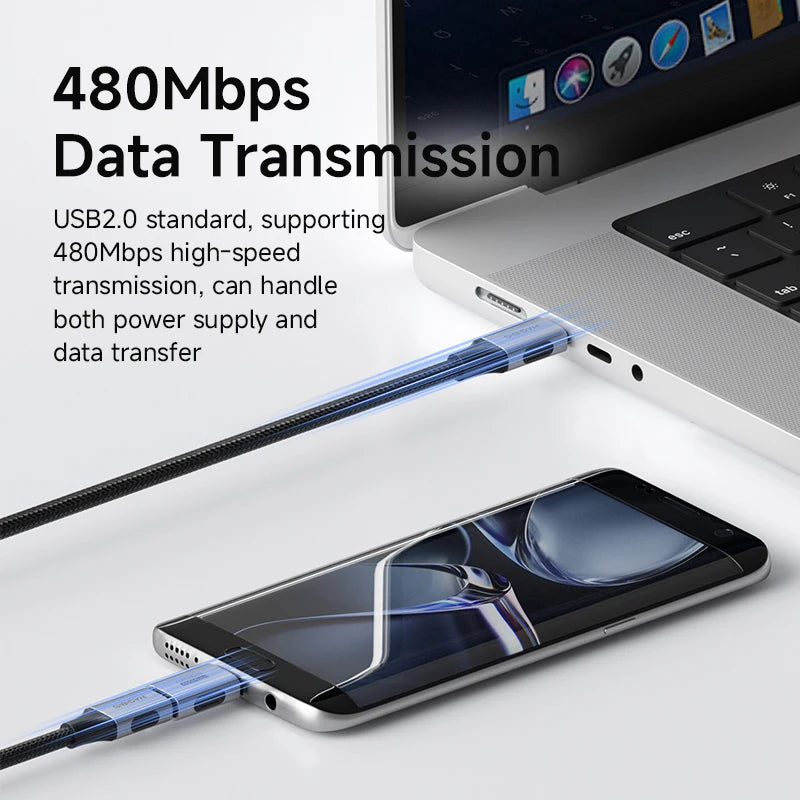 USB cable connecting a smartphone to a laptop with text about data transmission speed.