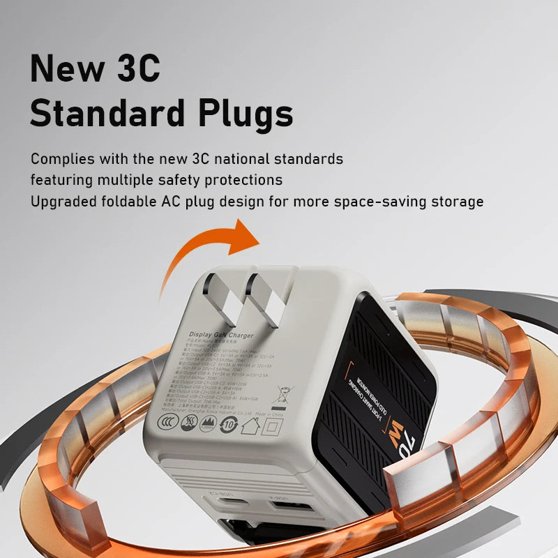 Foldable AC plug with text about new 3C standard plugs on a gray background