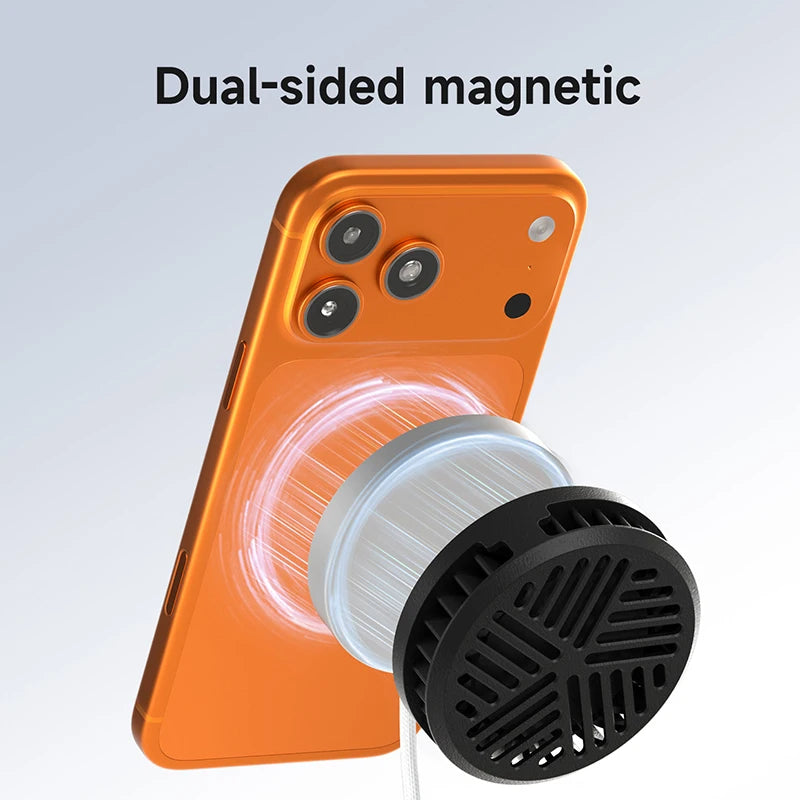 Orange phone case with a dual-sided magnetic feature on a light gray background