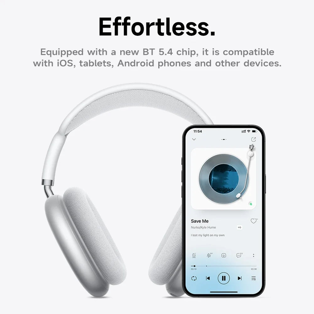 White headphones with a smartphone displaying music app on a white background