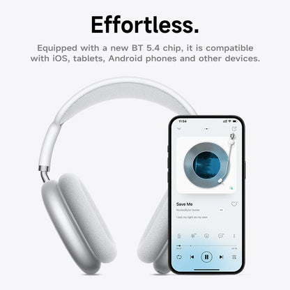 White headphones with a smartphone displaying music app on a white background
