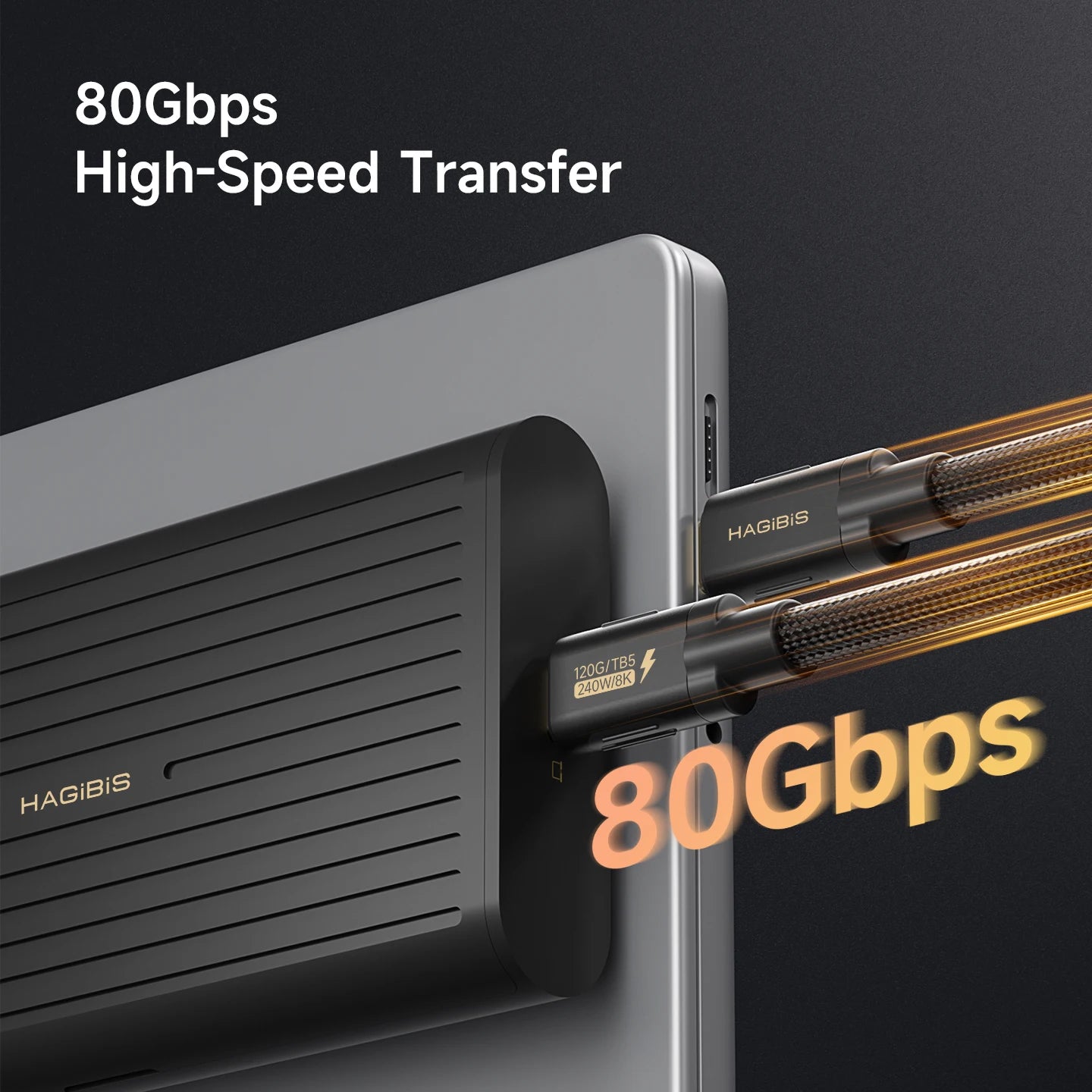 HAGIBIS external hard drive with 80Gbps high-speed transfer text on a dark background