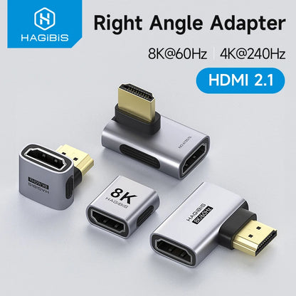 Hagibis right angle HDMI adapter with 8K and 4K support on a light gray background