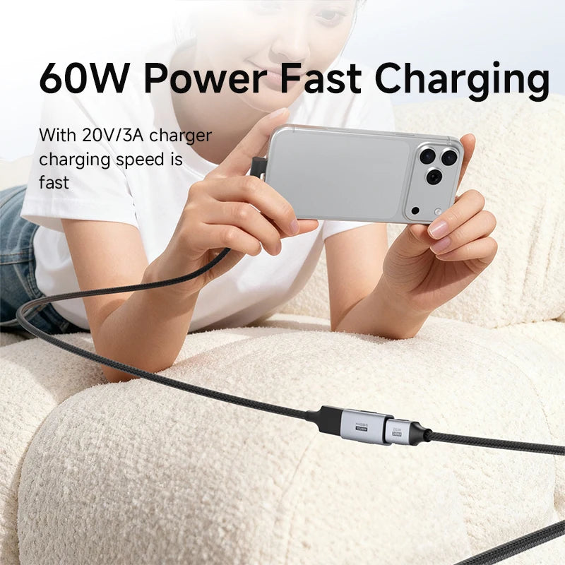 Person holding a smartphone with a charging cable, text indicating 60W power fast charging.