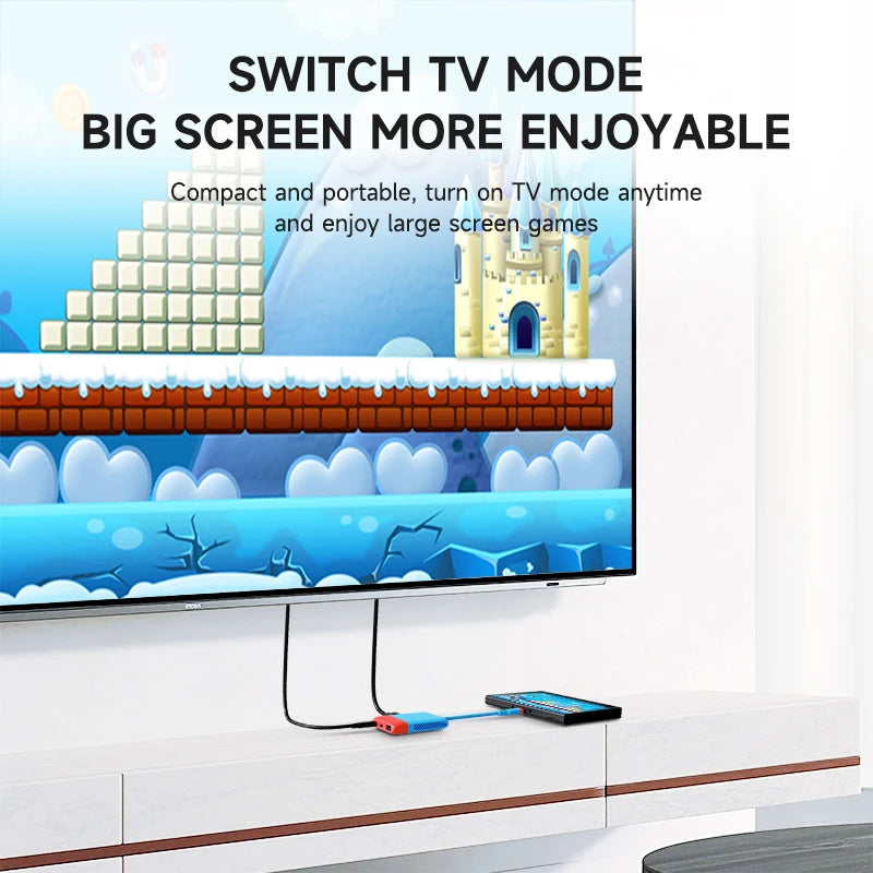 TV screen displaying a video game with text about switch TV mode and large screen enjoyment.