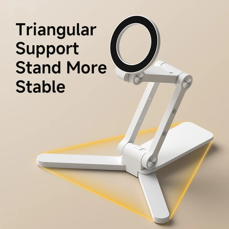 Triangular support stand with a ring light on a beige background