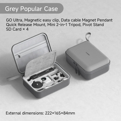 Gray carrying case with accessories on a light gray background