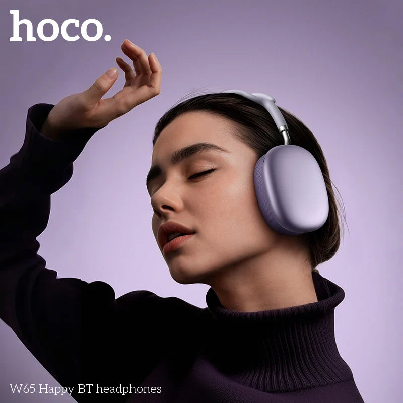 Woman wearing purple headphones with a hoco logo on a purple background