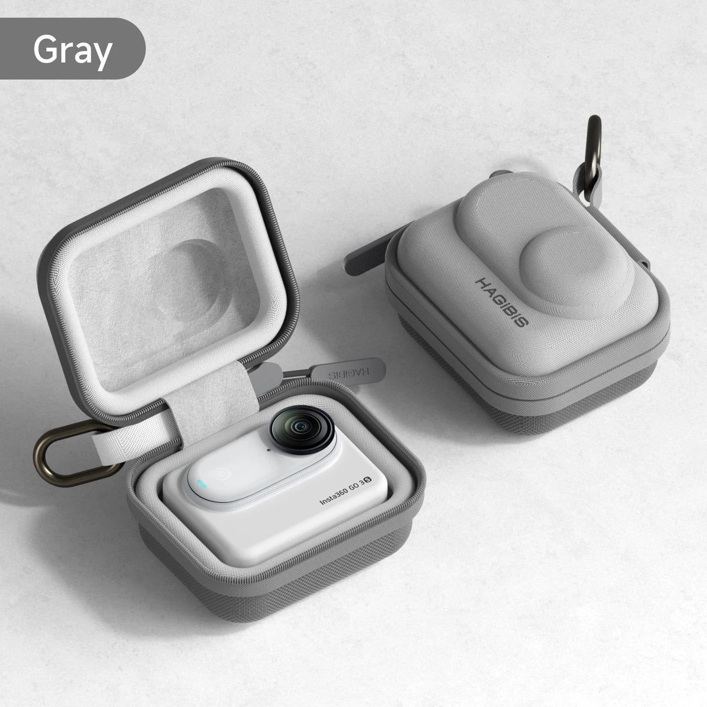 Gray wireless earbuds in a case on a light gray background