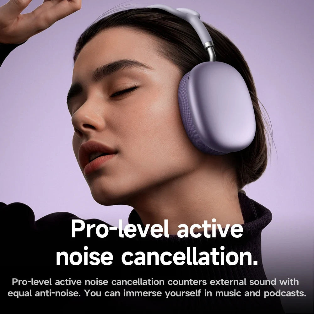 Person wearing white over-ear headphones with text about pro-level active noise cancellation on a purple background