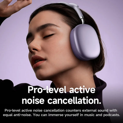 Person wearing white over-ear headphones with text about pro-level active noise cancellation on a purple background