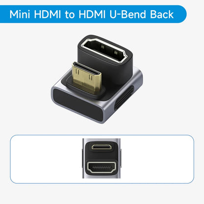 Mini HDMI to HDMI U-Bend Back adapter on a white background with text.