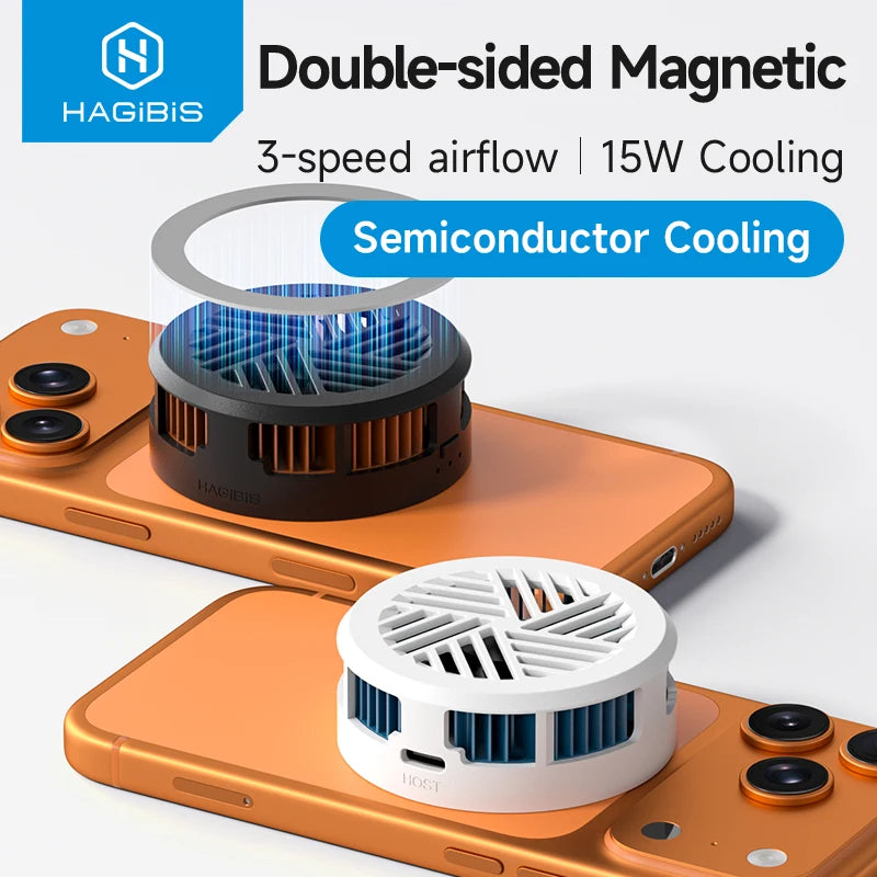 HAGIBIS double-sided magnetic cooling device on a smartphone with text highlighting features.