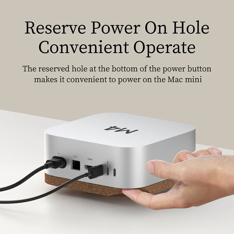 White electronic device with power cable on a light surface, text about power button convenience.