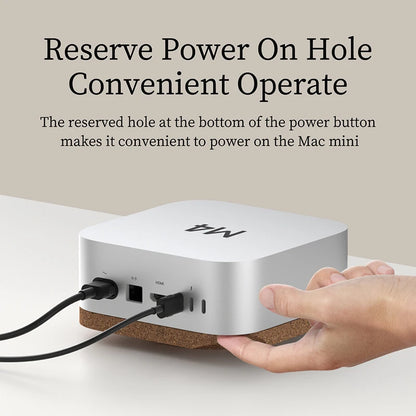 White electronic device with power cable on a light surface, text about power button convenience.