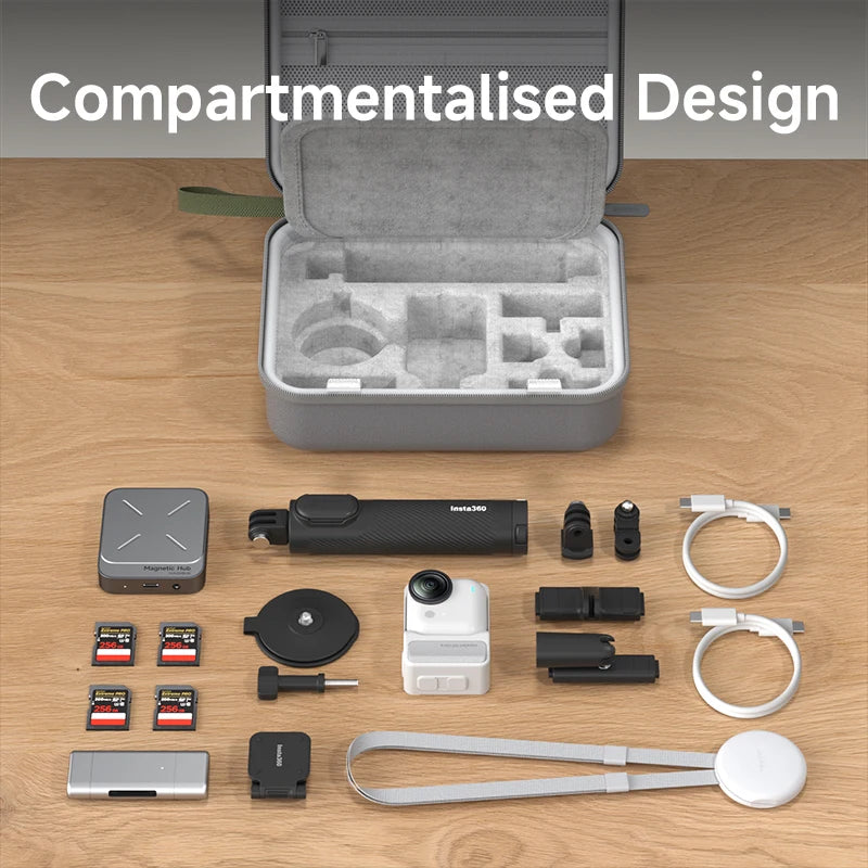 Collection of electronic accessories laid out on a wooden surface with an open compartmentalized design case.