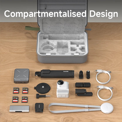 Collection of electronic accessories laid out on a wooden surface with an open compartmentalized design case.
