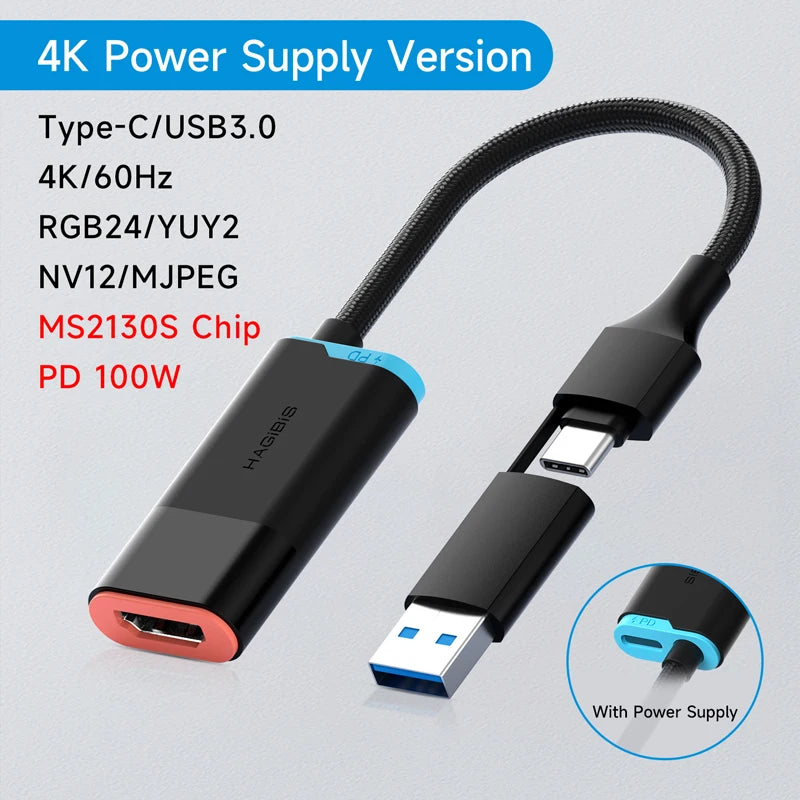 Hagibis USB-C & USB-A HDMI Video Capture Card with 100W PD