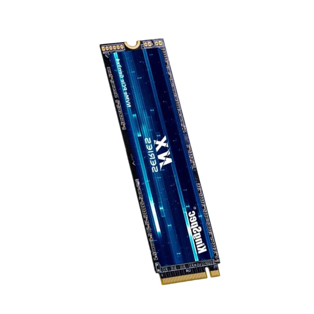 A Kingston WD Series MX 250GB SSD in an M.2 form factor, featuring a dark blue heatpipe design with white text and gold-plated connectors.