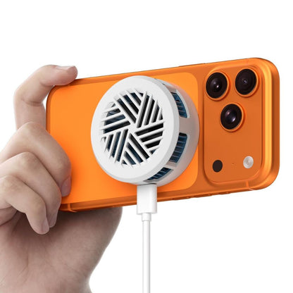 An orange smartphone case with a built-in circular white cooling fan attached, shown being held by a hand against a white background.