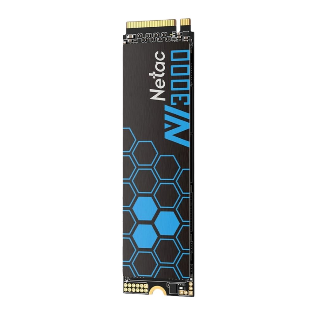 Netac NV3000 M.2 solid state drive with a black and blue hexagonal patterned heatsink, shown on a plain white background.