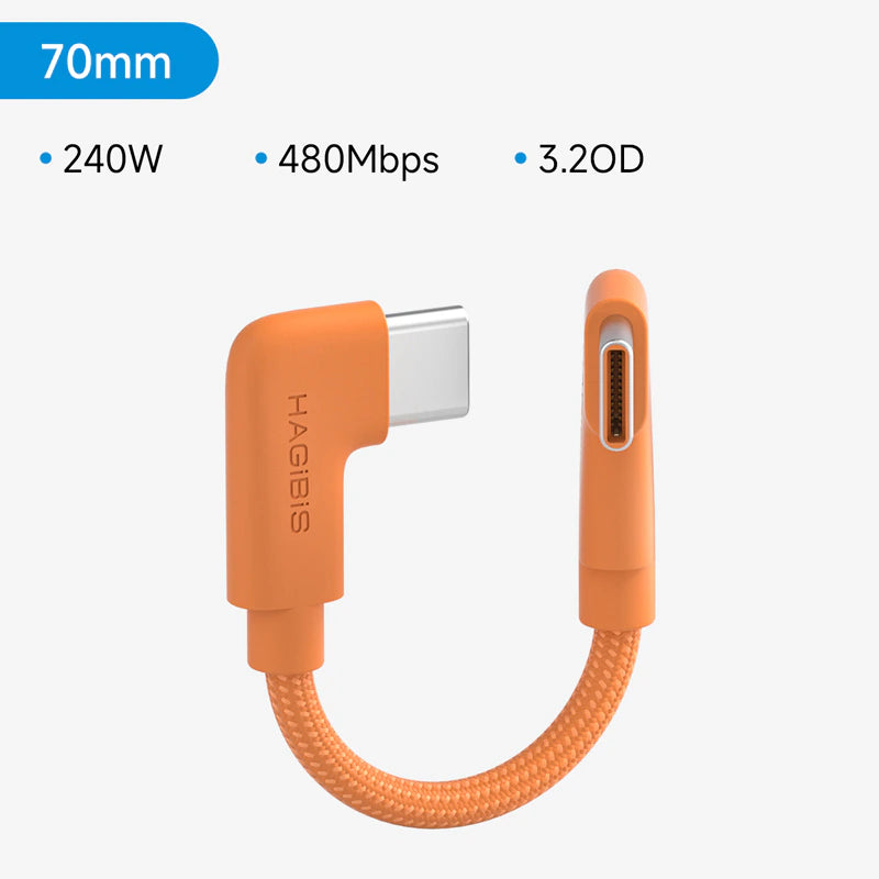 An orange HAGGIBS 70mm USB-C to USB-C adapter cable with a braided cord, shown on a light gray background with feature text overlays indicating 240W, 480Mbps, and 3.2D.