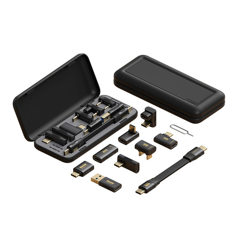 Set of electronic connectors and adapters with a black carrying case on a white background